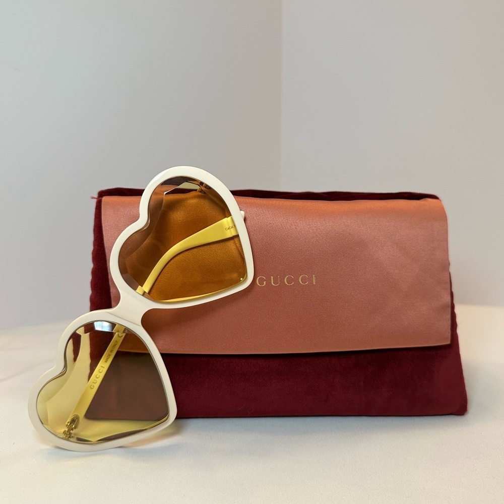 Gucci White Frame Heart Sunglasses with Yellow Lenses